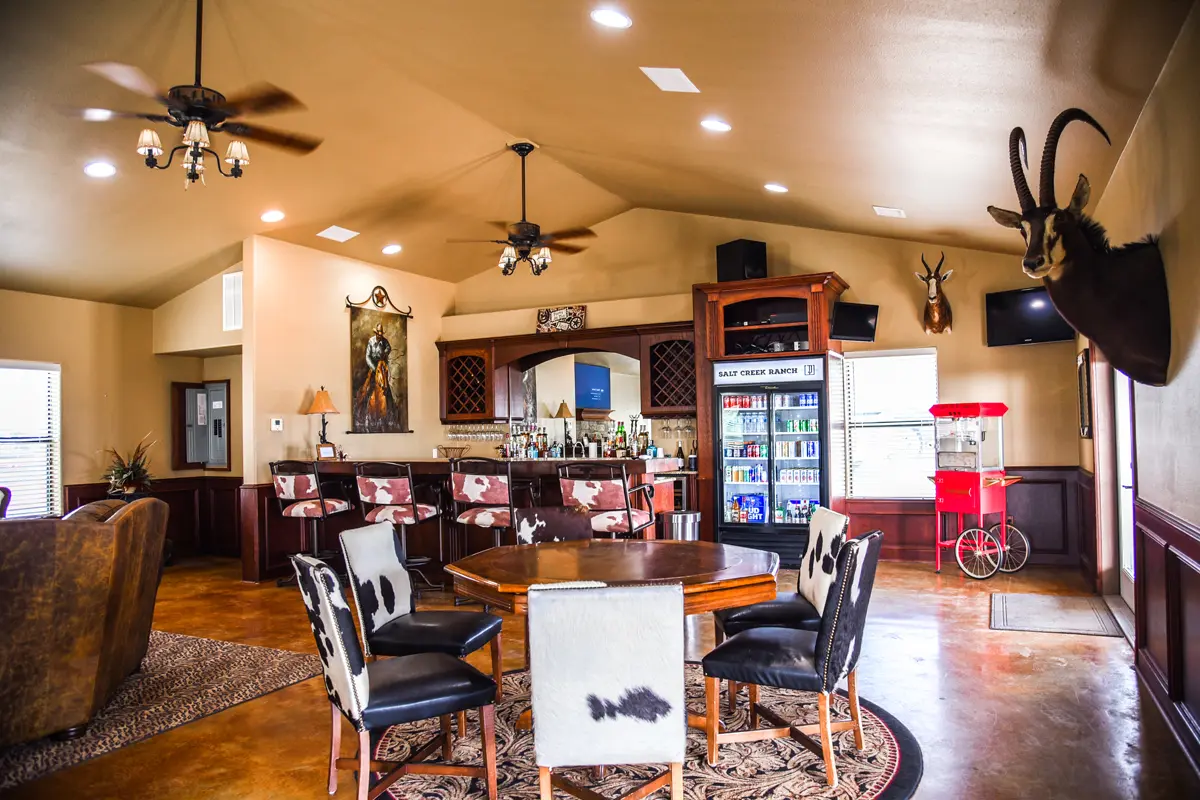 Lodge bar with animal skin chairs and rustic decor