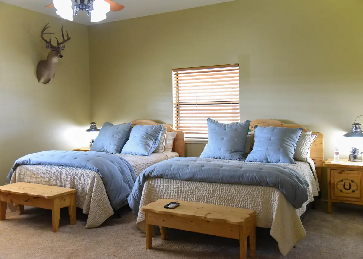 Two beds with fluffy comforters and benches at the end of each bed