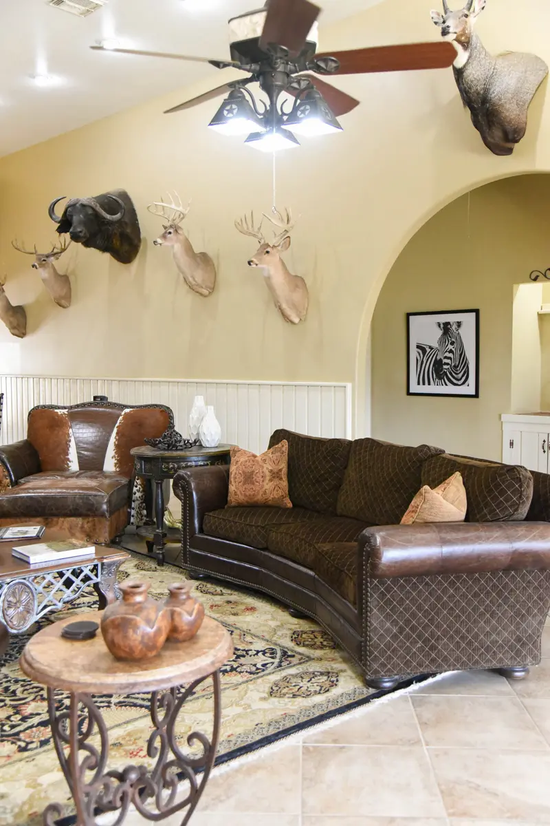 lounge living room with leather and animal skin couches and animal heads mounted on the walls