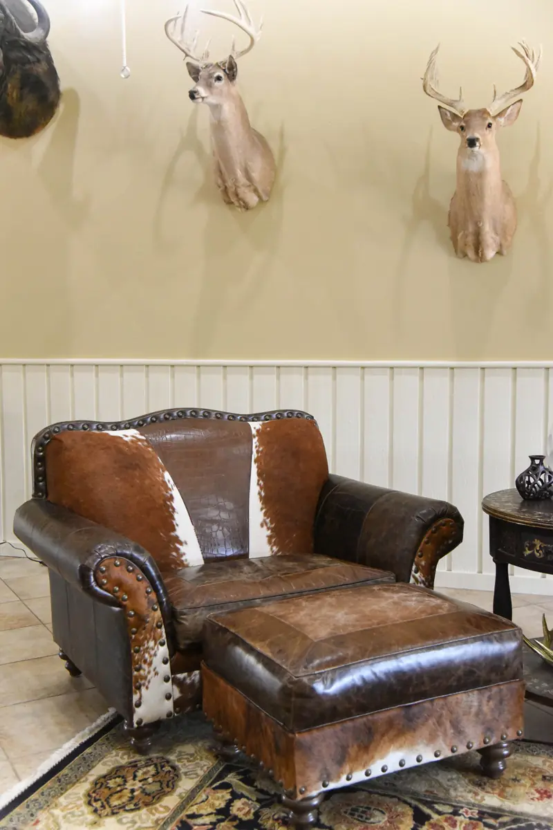 Leather chair in a rustic lodge